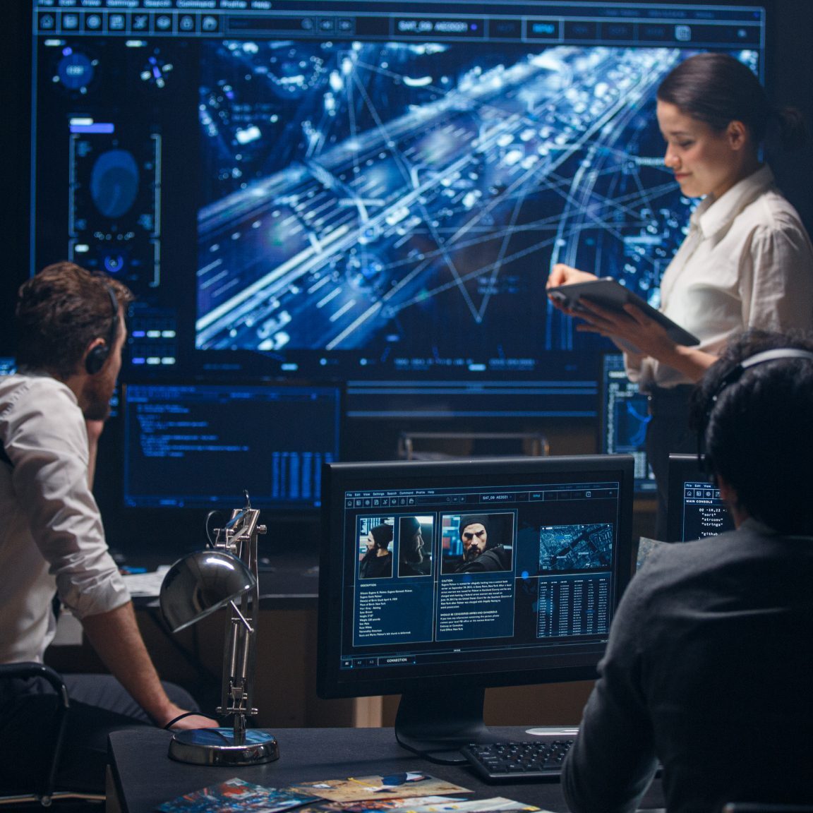 Team analyzing data on multiple computer screens.