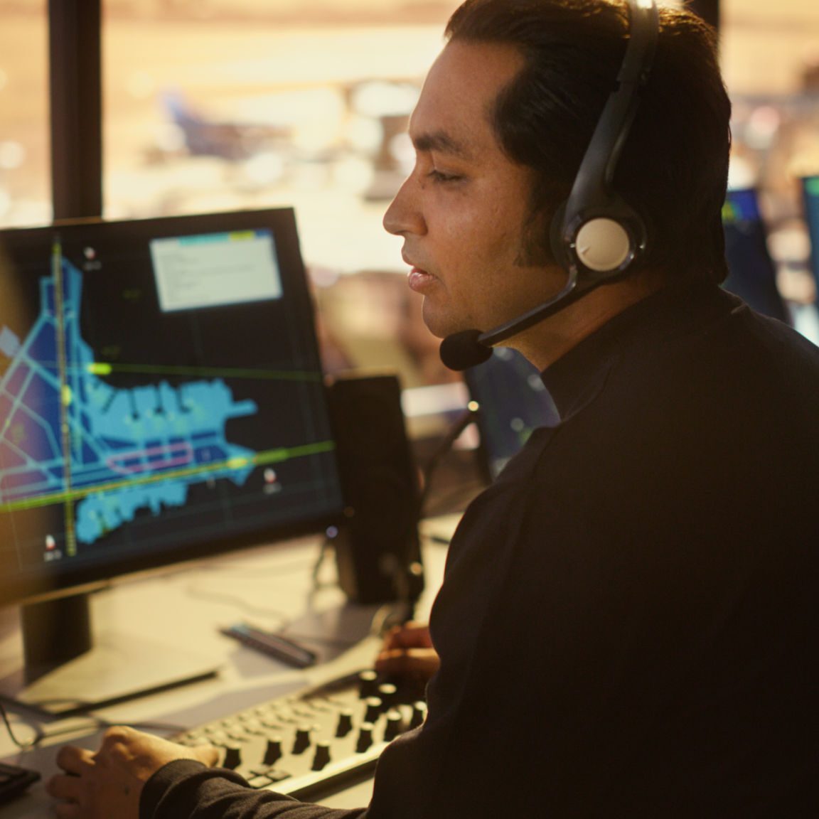 Air traffic controller at work station.